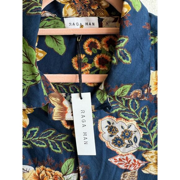 Raga Man Shirt Sample Tags Med Blue and Yellow Short Sleeve Button Down Casual - Picture 3 of 6